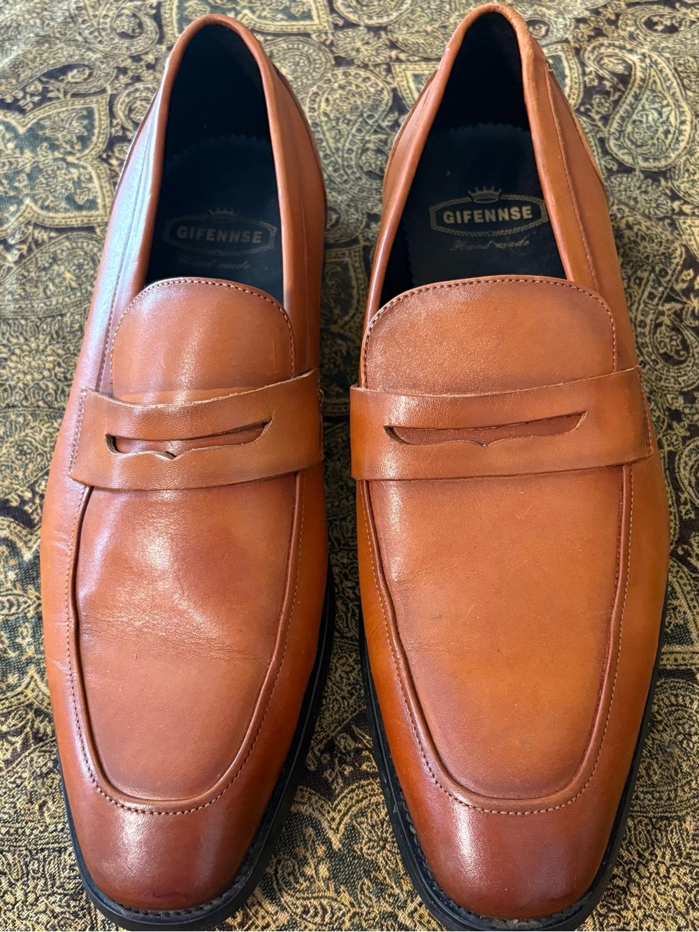 GIFENNSE Men's Cognac Leather Penny Loafers Italian hand made 11 1/2